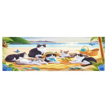 Imagem de Qilmy Cena de praia com seis gatos cortinas de saia para cozinha ou banheiro, sanefas, tratamento de janela, bolso para varão drapeado 137 x 45 cm para filtragem de luz, sala de estar, quarto225