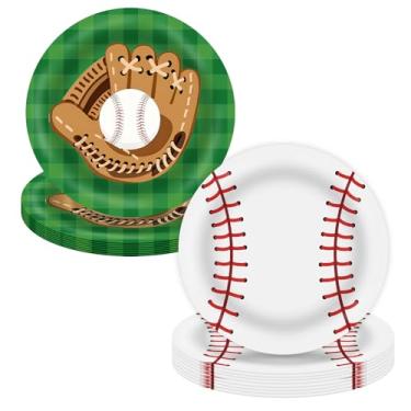 Imagem de JarThenaAMCS 40 peças de pratos de papel de beisebol, prato descartável, bola esportiva, padrão, jantar, sobremesa, pratos para softball, aniversário, jogo, dia, festa, suprimentos