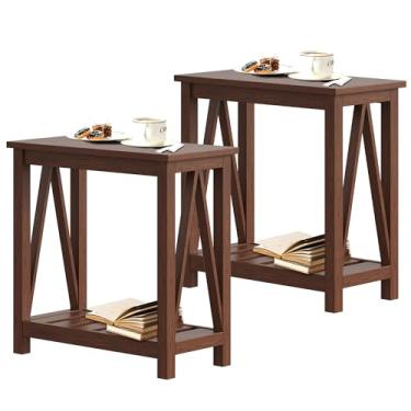 Imagem de ChooChoo Conjunto de 2 mesas de canto de fazenda, mesa lateral estreita vintage rústica com prateleira de armazenamento para espaços pequenos, mesa de sofá para sala de estar, quarto de nogueira