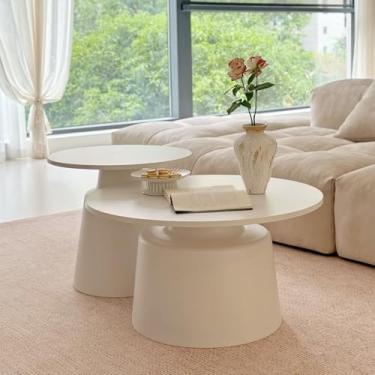 Imagem de Simple Modern Round Coffee Table set of 2, Wooden Tabletop, Iron Base, Rounded Corner Design, Stable Load-bearing, Suitable for Bedroom, Living Room and Study(White)