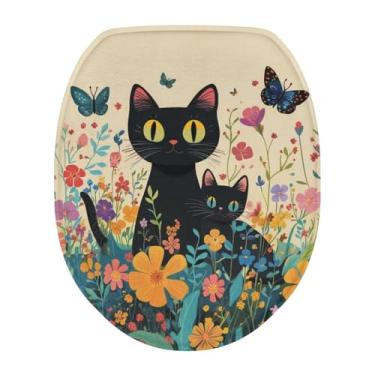 Imagem de Uorisanigo Capa de assento de vaso sanitário alongada de gato preto apenas capa de tampa de vaso sanitário para decoração de banheiro capa de assento absorvente universal para a maioria das tampas