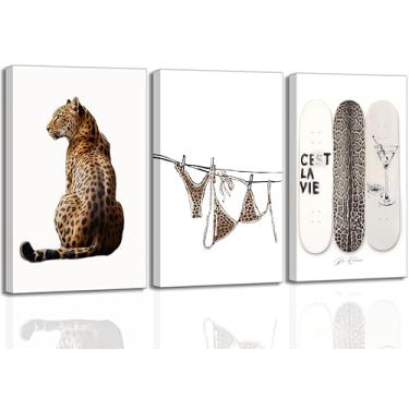 Imagem de TOLAN 3 peças de arte de parede em tela com estampa de leopardo, elegante, feminino, pôster estético com estampa de guepardo, moderno, moderno, skate, decoração de parede para quarto, apartamento