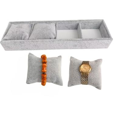 Imagem de APZDFGIFCD Bandeja de relógio de joias, organizador de joias de veludo cinza com 4 grades, suporte de exibição de pulseira de relógio, travesseiros ajustáveis