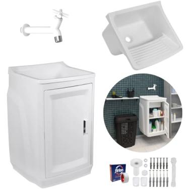 Imagem de Gabinete Para Lavanderia Com Tanque Branco 01 Porta + Torneira Branca + Fita Veda Rosca