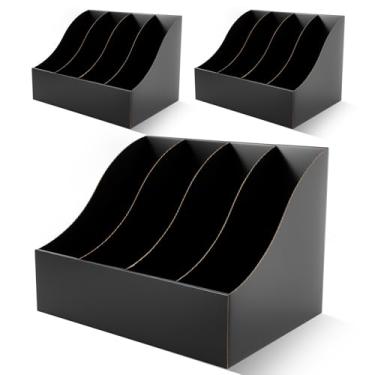 Imagem de Fiwochic Pacote com 3 suportes de arquivo de revistas de papelão, 27 x 26 x 35 cm, caixa de armazenamento de documentos verticais de quatro grades para prateleiras de mesa, escritório em casa (preto)