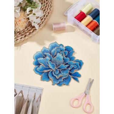 Imagem de 1 peça de apliques florais de peônia costurados de poliéster, decoração de artesanato de costura de flor azul, acessórios de fantasia de apliques, acessórios de ornamento para vestido de pano de