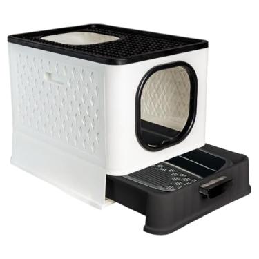 Imagem de Caixa de Areia Fechada para Gatos Luxo com Porta Transparente, Gaveta Removível, Pá e 2 Comedouros – Banheiro Higiênico Anti-Sujeira(SB LUXO+PENEIRA - BRANCO/BLACK)