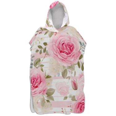 Imagem de Joisal Poncho de surf para adultos trocador com capuz toalha de natação plus size homens mulheres poncho com capuz aquarela listra rosa