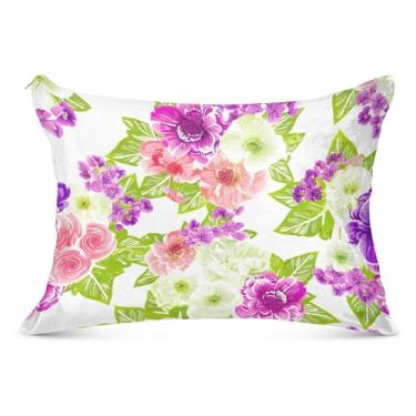 Imagem de Fronhas decorativas rosa roxa floral branca com zíper fronha King Queen padrão fronhas de cama fofa decoração de casa, tamanho king, 50,8 cm x 101,6 cm