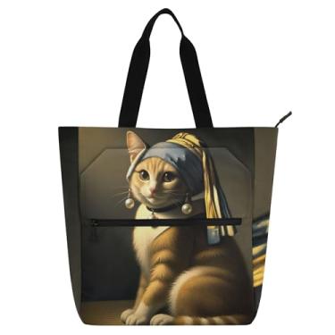 Imagem de Gato fofo com brinco de pérola, bolsas de trabalho engraçadas para mulheres, bolsa de lona, praia, escola, carteiro, livros, presente