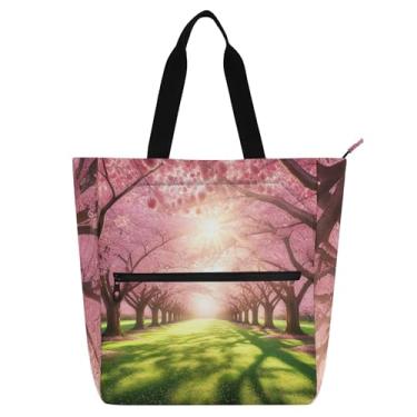 Imagem de Sacolas femininas primavera flor de cerejeira rosa para trabalho de lona praia escola bolsa infantil bolsas fofas livros presente para amantes de livros