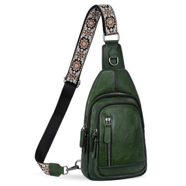 Imagem de HESHE Bolsa tiracolo de couro feminina com vários bolsos estilosas pochetes para viagem, Verde, Medium