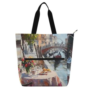 Imagem de Bolsa feminina com pintura de Veneza da Itália para trabalho, lona, escola, com zíper, bolsas infantis fofas, presente para amantes de livros