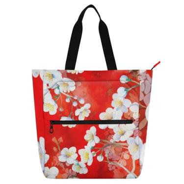Imagem de Sacolas de trabalho brancas com flores de cerejeira vermelhas para mulheres sacola de lona para livros de praia bolsa de tecido com zíper bolsas para amantes de livros presentes