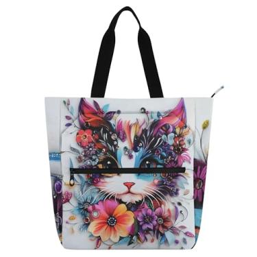 Imagem de GAIGEO Sacola colorida com estampa artística de gato floral para crianças e mulheres, amantes de livros, escola, trabalho, bolsa com zíper 30 x 10 x 37 cm