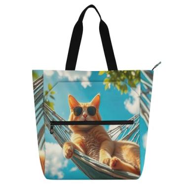 Imagem de GAIGEO Linda bolsa de trabalho feminina laranja gato Sunshine bolsa escolar de lona com zíper presente para professores para amantes de livros
