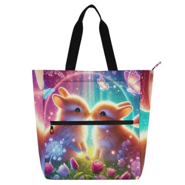 Imagem de Bunny Kiss Rabbits Lindas Bolsas de Trabalho para Mulheres Sacola Lona Praia Escola Sacola Reutilizável para Amantes de Livros Presentes