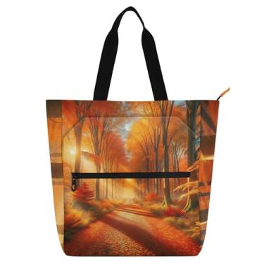 Imagem de GAIGEO Bolsa feminina Autumn Forest para trabalho de lona com zíper bolsa de praia para professores com compartimentos