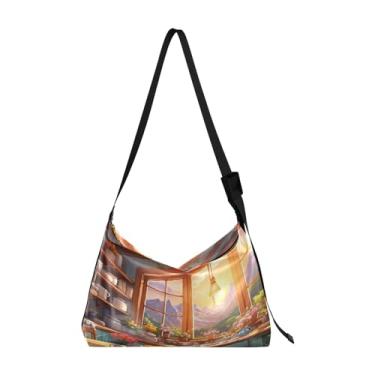 Imagem de Bolsa tiracolo de couro grande azul cosmos floral com folhas, bolsa transversal de couro masculina, bolsa de couro com zíper, Cartoon Kitchen and Room-2, One Size