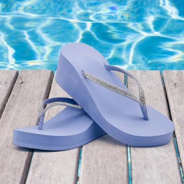 Imagem de Sandálias femininas com strass, chinelos, plataforma, chinelos de cunha, sapatos de casamento, caminhada na praia, Roxo claro, 39