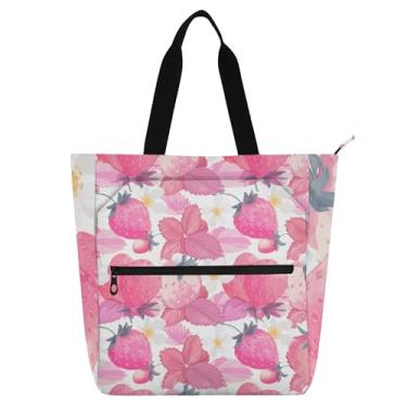 Imagem de Sacola feminina rosa com folhas de morangos para trabalho e praia, escola, bolsa para professores, presente para amantes de livros