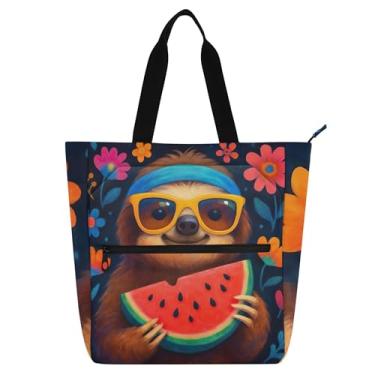 Imagem de GAIGEO Linda bolsa de trabalho com flores de melancia preguiça para mulheres, bolsa escolar de lona com zíper, presente para professores para amantes de livros