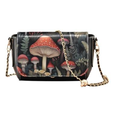 Imagem de GAIGEO Coleção Blue Butterflies Bolsas de ombro femininas transversais, bolsas tiracolo de couro femininas, bolsas de couro, Cogumelos e plantas em preto-2, One Size