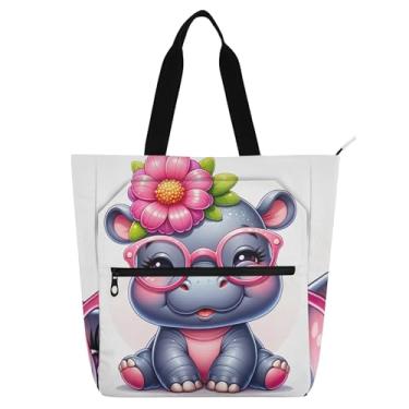 Imagem de GAIGEO Bolsa infantil com estampa de hipopótamo de desenho animado com zíper, escola, trabalho, viagem, mercearia, bolsa reutilizável para meninas, meninos e mulheres