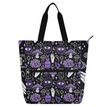 Imagem de GAIGEO Sacola preta de cogumelos roxos para mulheres, trabalho, lona, faculdade, escola, bolsas, bolsas de viagem com compartimentos