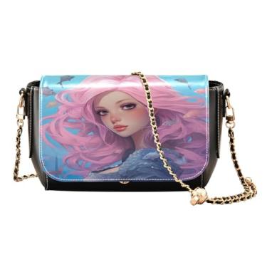 Imagem de Constelação de estrelas em uma bolsa de ombro preta de couro PU, bolsa de ombro de couro transversal, bolsas transversais para mulheres, Sereia em rosa com peixe dentro - 1, One Size