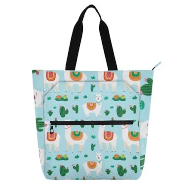 Imagem de Linda bolsa de trabalho feminina azul lhamas de desenho animado bolsa escolar de lona com zíper lindas bolsas infantis presente para amantes de livros