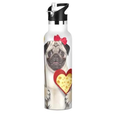 Imagem de Garrafa de água fofa Cupid Pug Love Dog com tampa de palha, garrafas de água isoladas de aço inoxidável para meninos e crianças, copos de viagem de parede dupla de 600 ml sem BPA para crianças