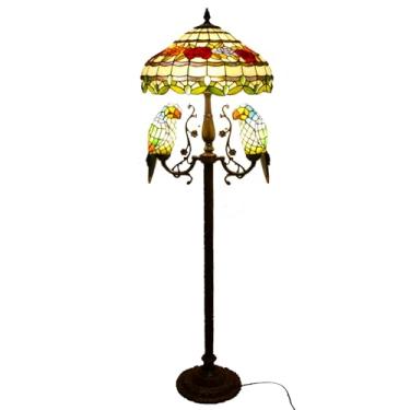 Imagem de Luminária de chão vintage com papagaios, vitral, 45,7 x 45,7 x 165,1 cm, estilo Tiffany, para quarto, cabeceira, com rosas, uvas, libélulas e luz de leitura (1 unidade).