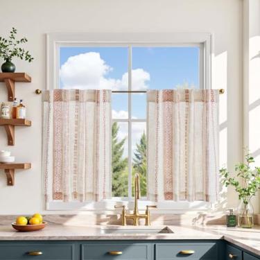 Imagem de jinchan Liora Boho Cortinas de cozinha 61 cm de linho com padrão geométrico café boêmia pequena filtragem de luz tratamento para janela para sala de estar RV aba traseira 2 painéis terracota em linho