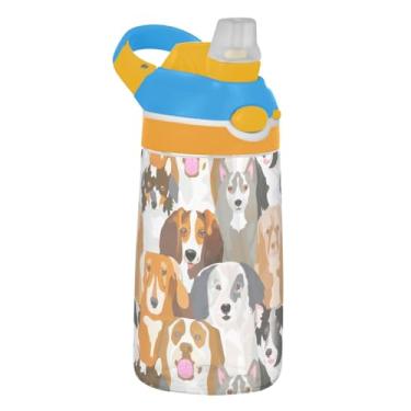 Imagem de Garrafa de água infantil de 473 ml com tampa de palha, garrafa de água esportiva reutilizável para escola, copo Tritan de 473 ml, alça de transporte, desenho animado de cachorro feliz fofo