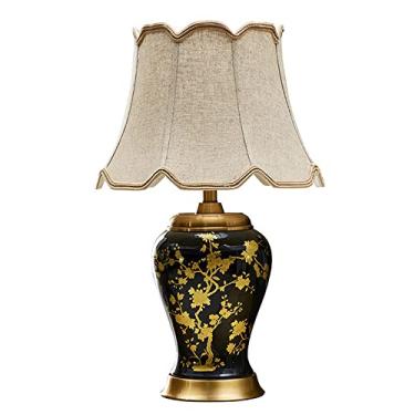 Imagem de Abajur de mesa para quarto, luminária de cabeceira em cerâmica esmaltada com pintura dourada à mão, design moderno para iluminação de quarto e sala de estar.
