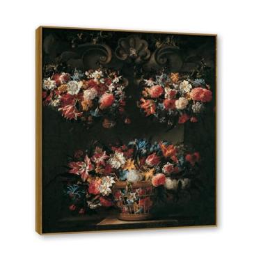 Imagem de NHLDZYH Moldura de teca. Impressão de flores vintage rústica, arte de parede em tela emoldurada floral clássica, decoração de cozinha de fazenda, pronto para pendurar. B31. 60 x 72 cm