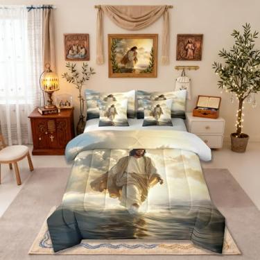 Imagem de Conjunto de cama Queen com estampa de Deus andando na água, versículo bíblico da fé ocidental, 7 peças, decoração de arte moderna espiritual para meninas e meninos, cinza amarelo (elástico + lençol +