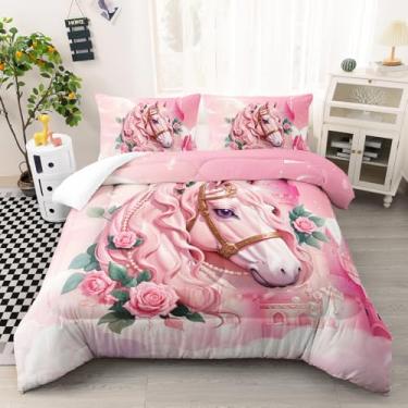 Imagem de AILONEN Conjunto de edredom casal de cavalo rosa, castelo rosa sonhador com 2 fronhas, conjunto de cama macio com estampa de cavalo de fada e pérola de 3 peças para crianças e meninas
