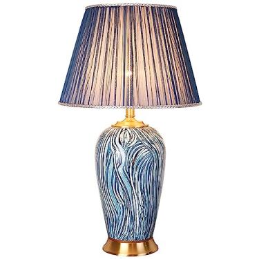 Imagem de Abajur de mesa grande em cerâmica oriental chinesa, com padrão azul, estilo clássico, fabricado em porcelana de Jingdezhen, ideal para sala de estar e quarto. Altura total: 68 cm.