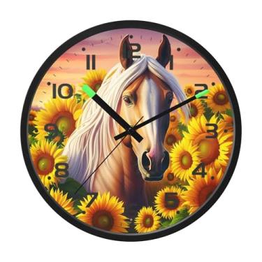 Imagem de SEHANY Relógio de parede artístico majestoso cavalos silencioso, sem tique-taque, relógio redondo operado por bateria, controle de som, luz noturna, relógios de parede para sala de estar, cozinha