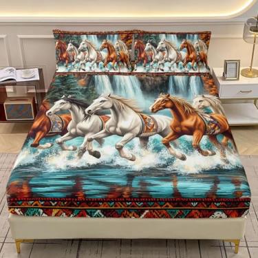 Imagem de AILONEN Jogo de lençol com elástico, Queen Size ocidental, asteca, galope, com 2 fronhas, 3 peças