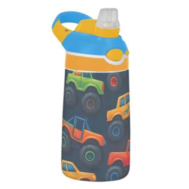 Imagem de Garrafa de água fofa Monster Trucks azul escuro para crianças 473 ml Tritan reutilizável esportiva garrafa de água com tampa de canudo 473 ml copo de viagem infantil portátil à prova de vazamento