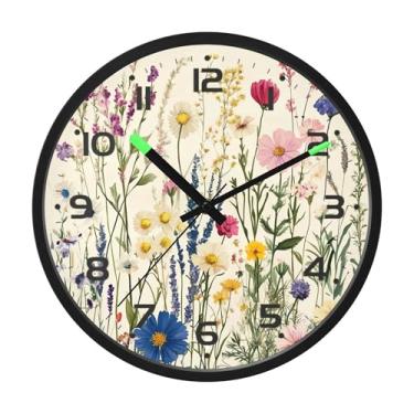 Imagem de SEHANY Herb Wildflower Relógio de parede silencioso sem tique-taque relógio redondo operado por bateria 30 cm controle de som luz noturna relógios de parede para sala de estar, cozinha, quarto