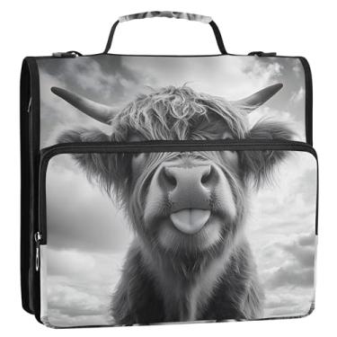 Imagem de Fichários engraçados pretos e brancos de vaca Highland de 3 cm com 3 anéis, fichário resistente com zíper, com alça, bolsa escolar para documentos, suporte para 500 folhas