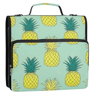 Imagem de Fichário amarelo verde abacaxi 3 cm 3 argolas organizador de fichário resistente com zíper bolsa escolar com alça de ombro pasta de armazenamento fofa para portfólio com alça