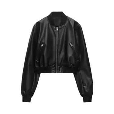 Imagem de Jaqueta Bomber Feminina De material sintético Desgastado Com Gola Alta