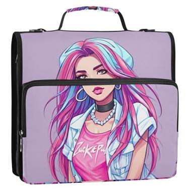 Imagem de Organizador de fichário com zíper, desenho animado, jovem, 3 anéis, anel D, bolsa personalizada para fichários escolares com alça de ombro, vários bolsos, pasta grande para portfólio