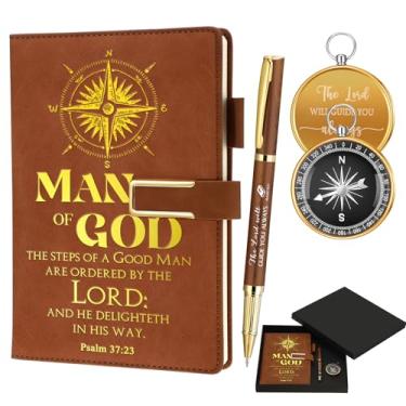 Imagem de Fuyoooo 4 peças de presentes de batismo para homens, inclui caderno de couro do pastor do homem de Deus, caneta cristã, bússola religiosa com caixa de apresentação para homens, papai, padres,