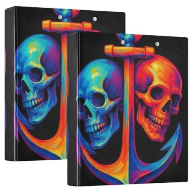 Imagem de Fichários de 3 anéis de âncora de caveiras azuis laranja pretas de 3 cm comporta 200 folhas, fichário fofo para prancheta, anel redondo, 31,5 x 27 x 6 cm, pacote com 2